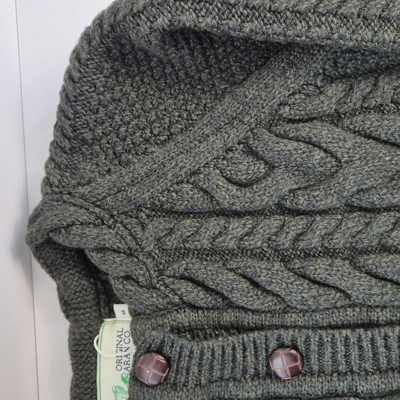 100% Wool Original Aran Co Green Merino Cable Knit Cardigan Sweater Size Small - Picture 10 of 12